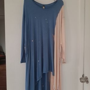 We The Free Blue Maxi Dress Sz XS Tye Dye Oversized Asymmetrical 3/4 Sleeve NWT
